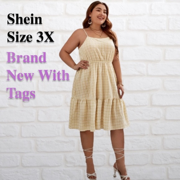 SHEIN Dresses & Skirts - Cami Dress 3XL Belted Knee Length Yellow Plaid Spaghetti Strap Flounce Hem